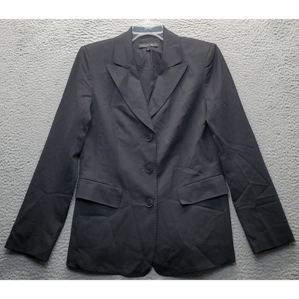 Lafayette 148 New York Blazer Jacket Womens 8 Black Virgin Wool Notch Lapel EUC‎